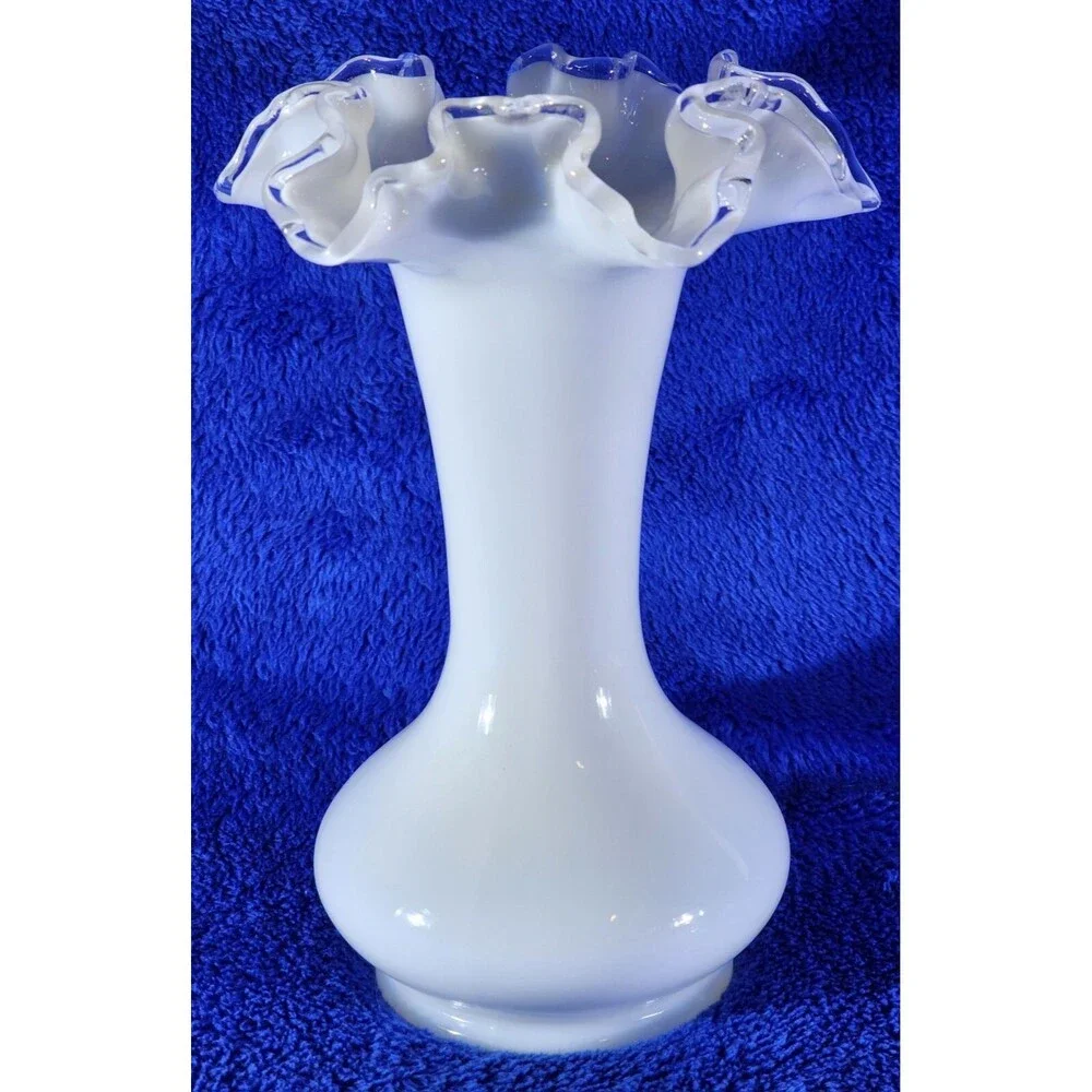 Vintage Fenton-Style Silver Crest Milk Glass Vase w/Clear Double Crimped Lip